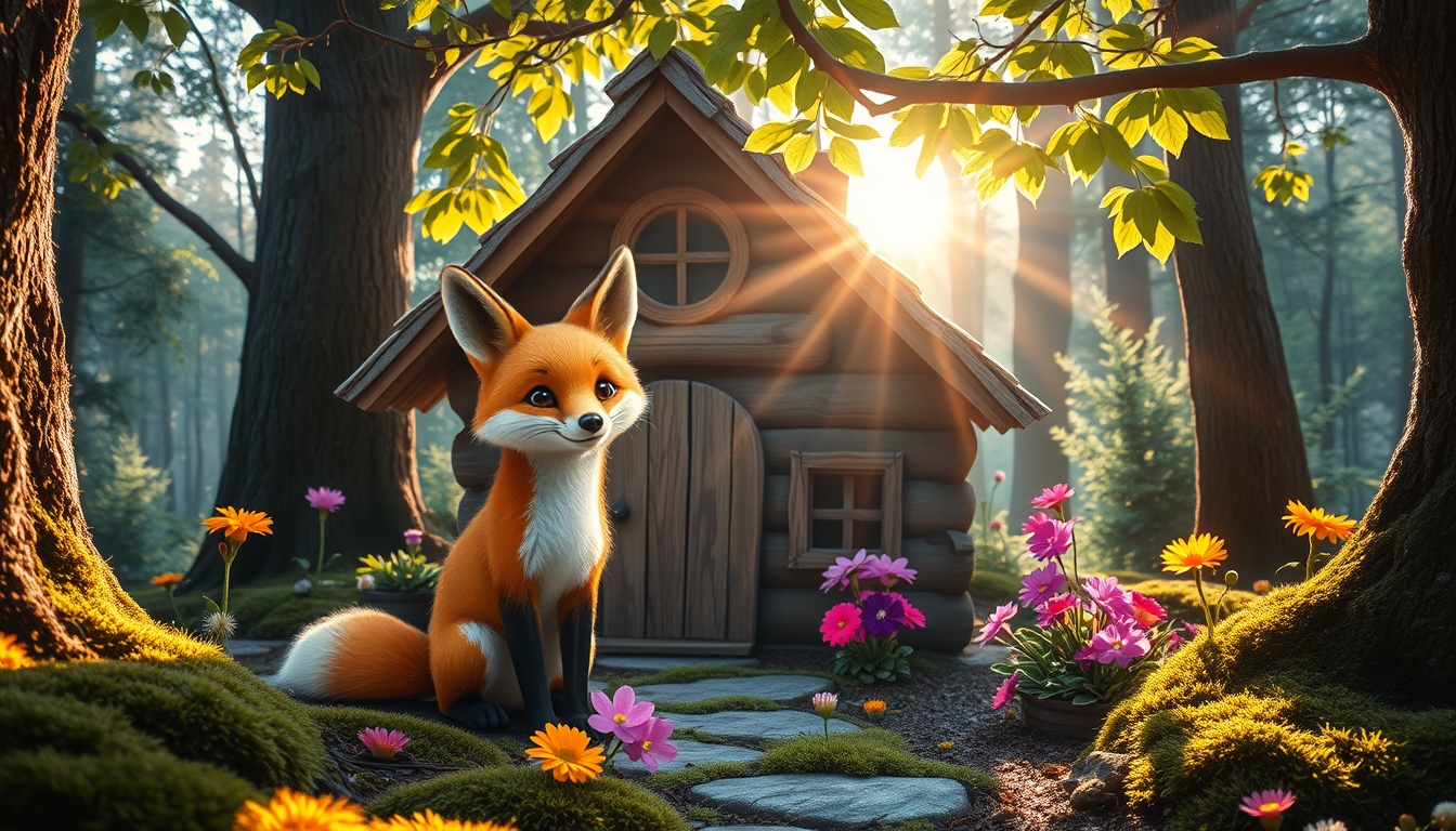 A whimsical fairytale shot of a cute fox sitting in front of a charming, little wooden house nestled in a magical forest. The scene is illuminated by soft morning sun rays filtering through the leaves, casting dappled light on the vibrant, colorful flowers surrounding the house. The forest is lush and enchanting, with hints of moss on the ground and tree trunks, creating a serene and inviting atmosphere.