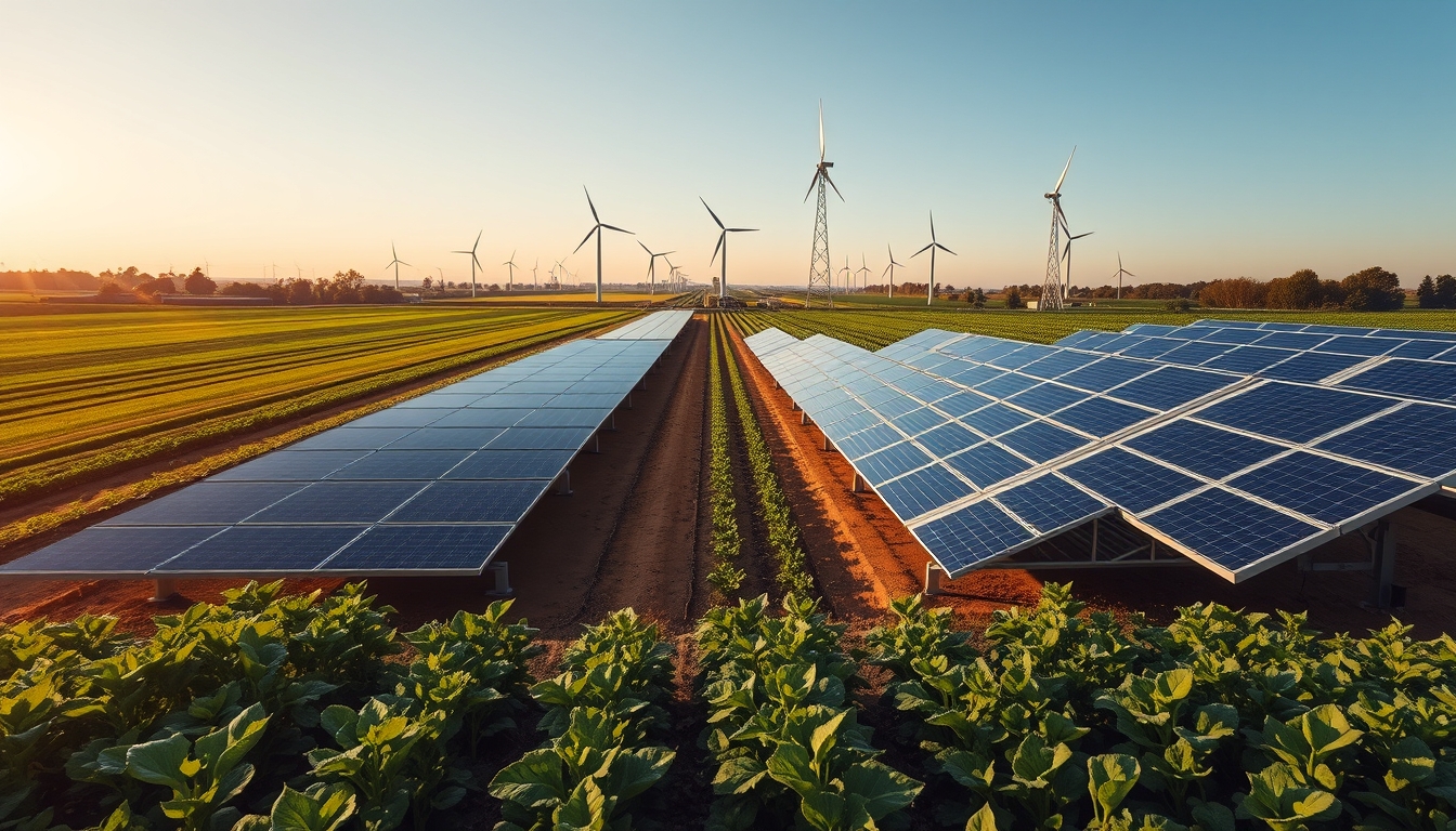 A wide-angle shot of a modern, eco-friendly farm with solar panels, wind turbines, and organic crops in the foreground.