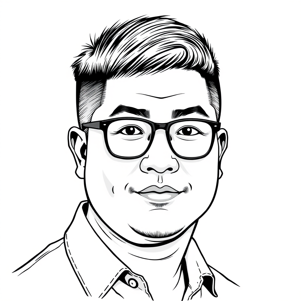 A cool black-and-white line drawing of a man's head, around 35 years old, with a crew cut, Asian descent, wearing thin black-framed glasses, a slightly short beard on his chin, a shirt, a full face, clean and fresh-looking skin, and a slightly plump physique. - Image