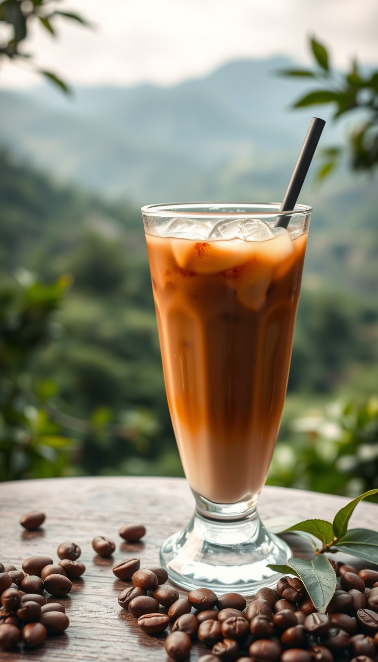 Sharp, wide-view image of iced Vietnamese coffee with a drip filter, coffee beans, and a scenic coffee plantation background, no text.