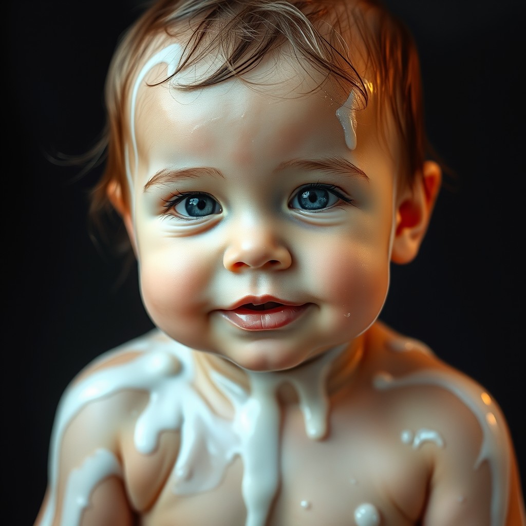 cute little toddler girl with wet oily skin covered in translucent white liquid. whole body