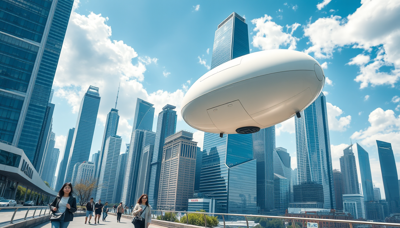 Create a stunning high-resolution image of the city of the future. The skyline should be filled with towering skyscrapers. It includes a light-colored oval balloon-type robot flying rapidly through the air with tiny black balancers on either side of the balloon. There are some people walking on the street, with Asian faces, wearing fashionable and avant-garde clothes, in a laid-back and pleasant atmosphere. The visual focus of the image highlights small balloon-type robots patrolling the air for safety, very beautiful clouds, and beautiful sunlight reflecting off the glass surfaces of the buildings, creating an atmosphere of excitement and innovation. Very clear and realistic details, 32K, top view.