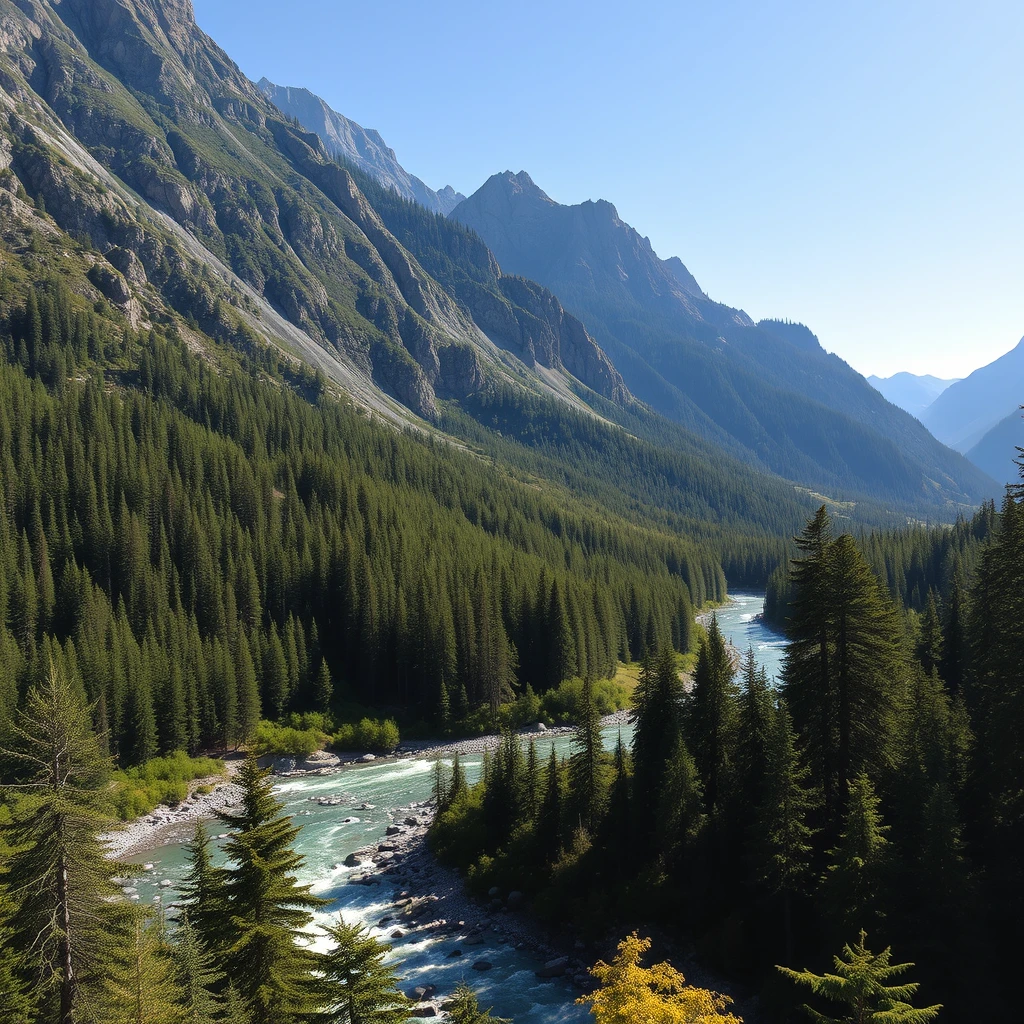 mountain's river and forest on a sunny day