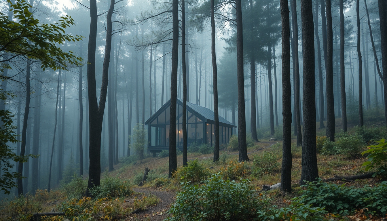 A tranquil forest scene with a hidden glass house blending into the surroundings.