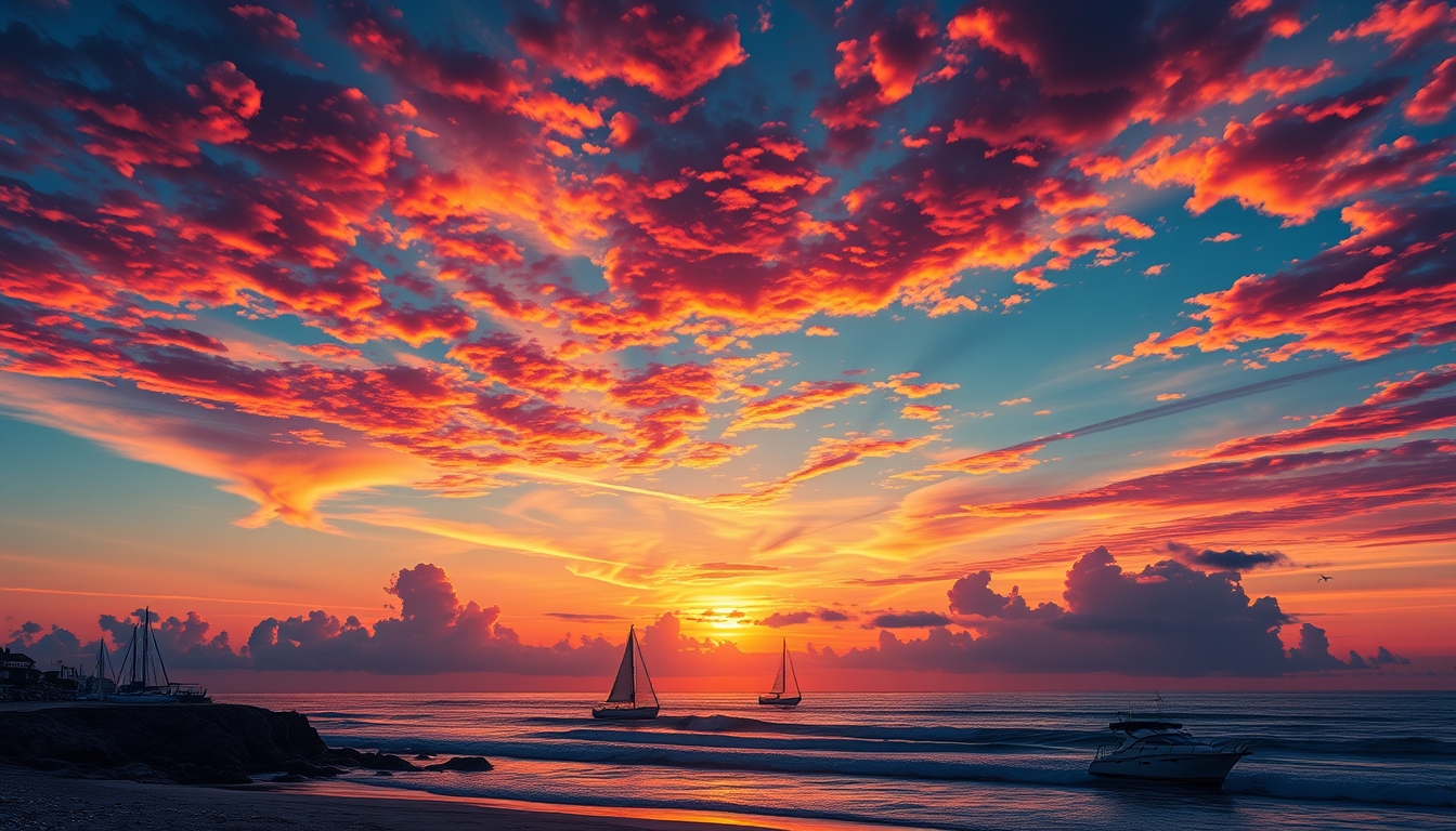 Dramatic, fiery sunset, colorful clouds, silhouettes, high quality, photorealistic, tranquil, evening sky, reflection, serene, breathtaking::0.7 sailboats, beachside bonfires, coastal cliffs, seashells, peaceful waves, seagulls. - Image