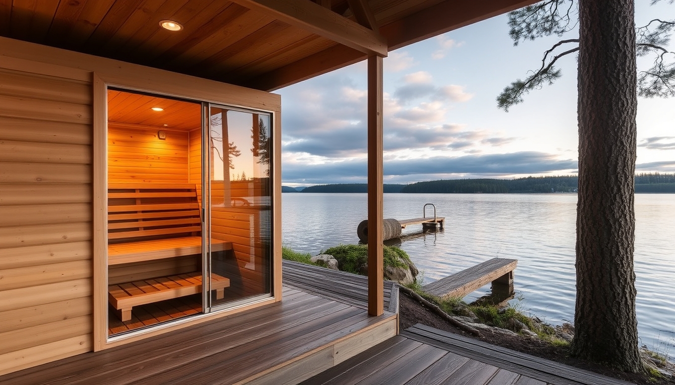 A peaceful lakeside retreat with a glass-fronted sauna overlooking the water. - Image