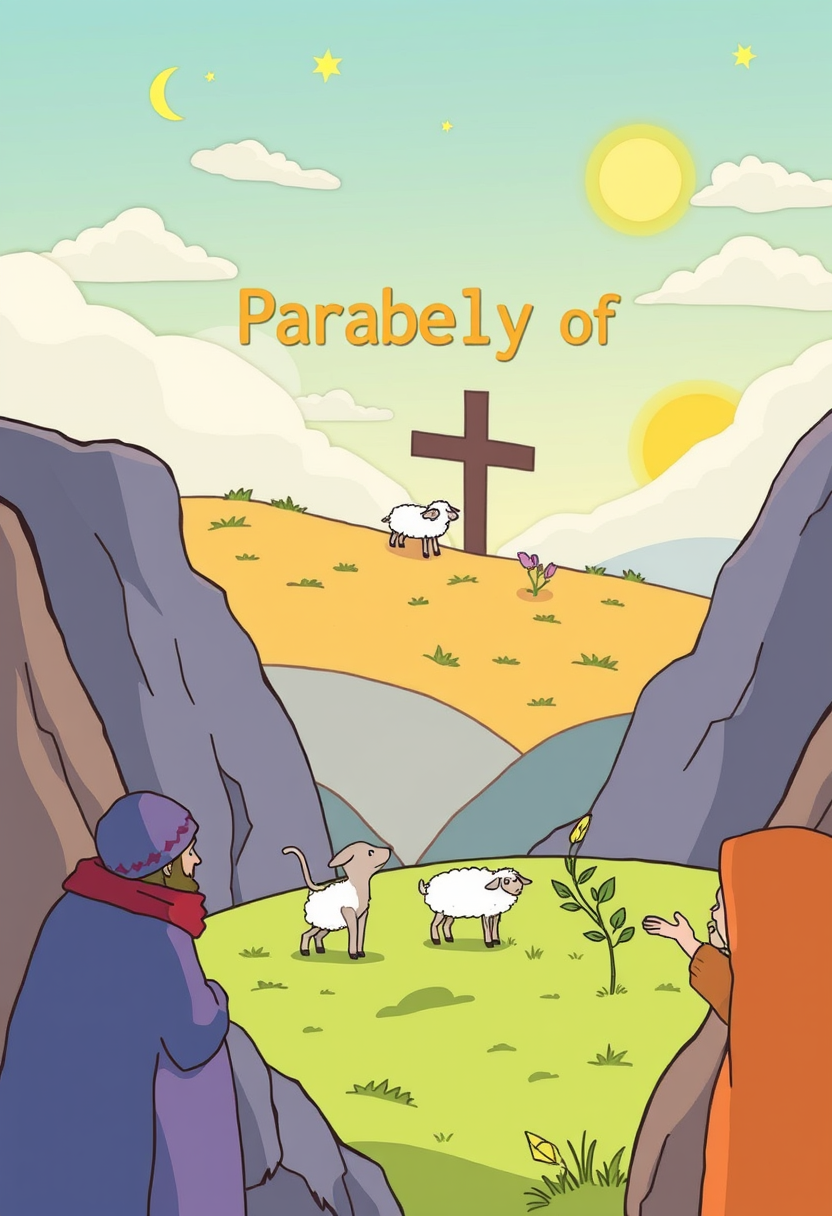 Depict various parables of heaven, such as the lost sheep and the mustard seed, in a colorful and engaging way. Cartoon style, thick lines, low details, no shading.