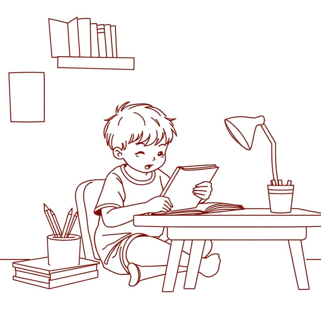 "A line drawing of a child doing summer vacation homework in the study."