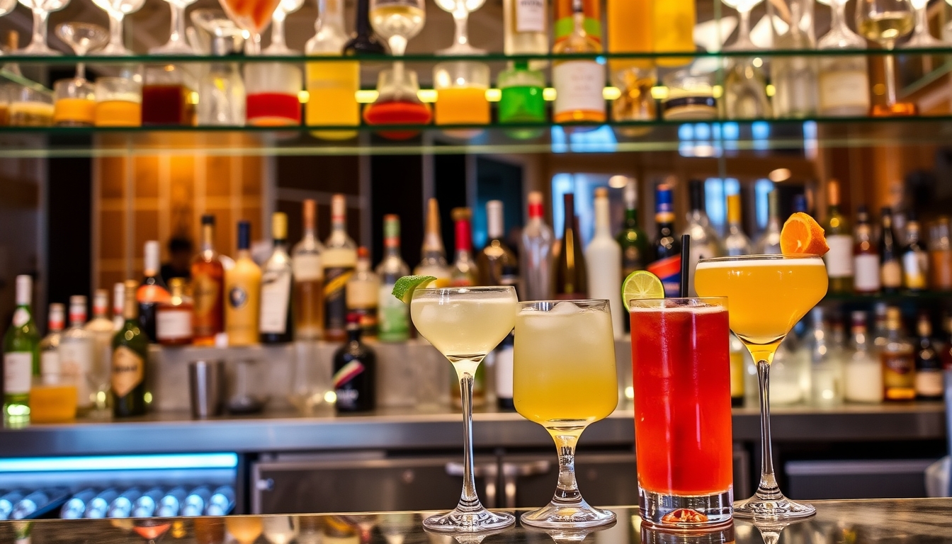 A sophisticated cocktail bar with glass shelves showcasing an array of colorful drinks.