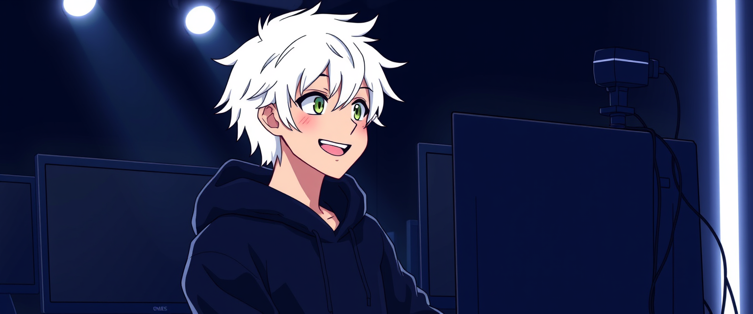 80s anime-style image of a boy with white hair, smiling in a black hoodie in a gamer setup with front spotlights, looking at two monitors with black screens in a black room with few white neon lights, with one podcast-style microphone and one camera on top of a monitor to his right. - Image