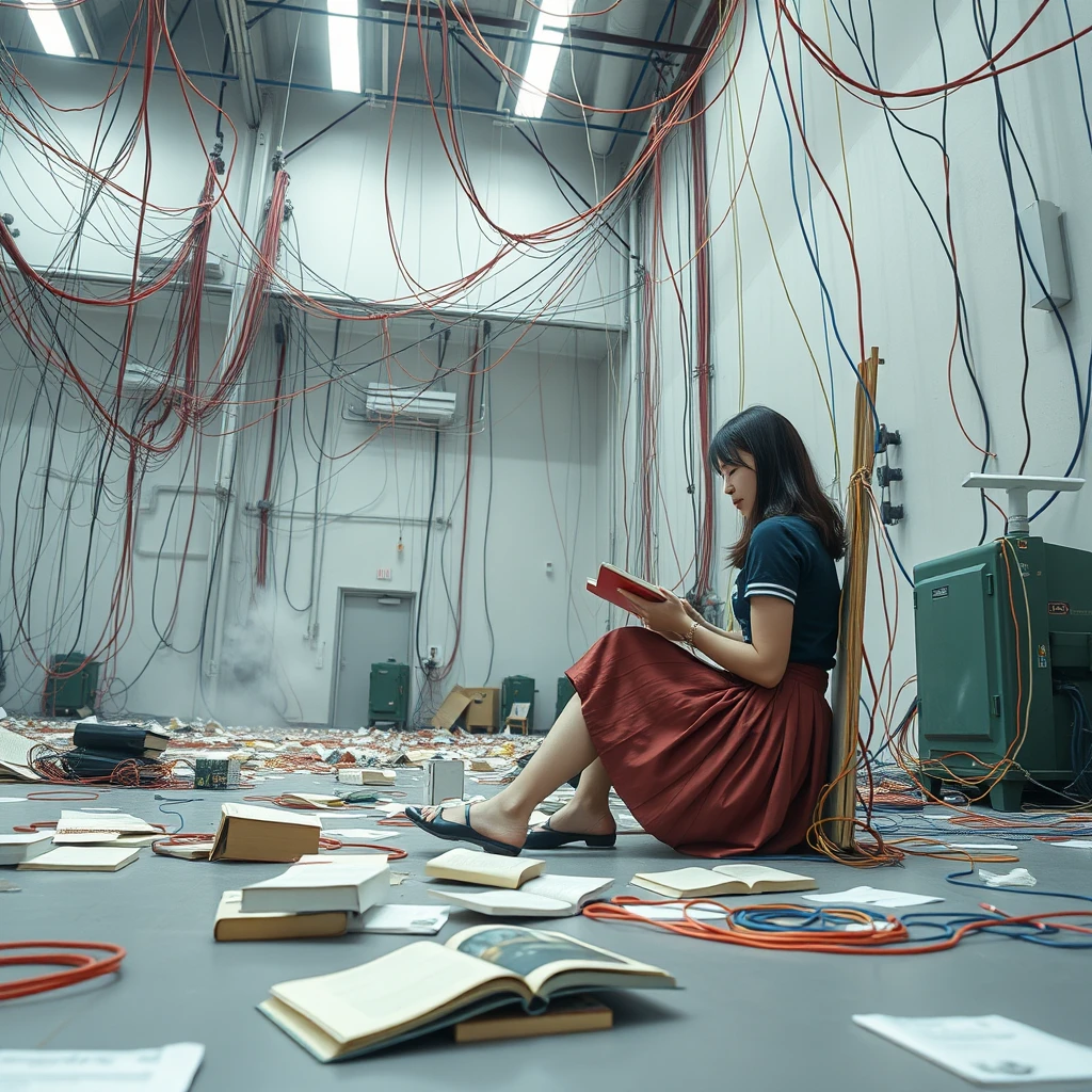 A real-life photograph, wide shot, of a Japanese female student in a skirt sitting in the corner of a large hall, reading a book. The hall has some books scattered messily, and many wires of varying thicknesses are on the floor and in the air, including red, blue, yellow, and other colors. Additionally, there are some machines emitting steam.