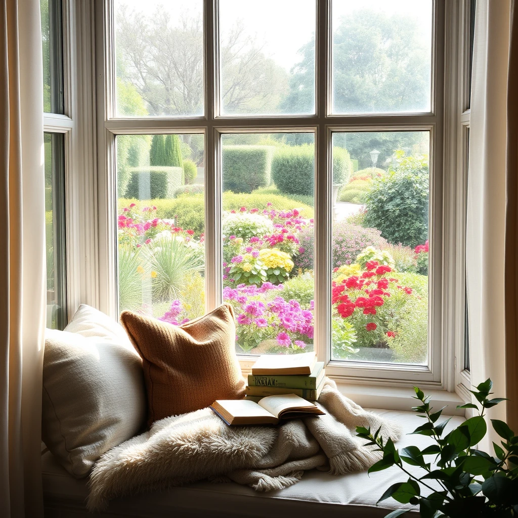 A cozy reading nook by a large window, with soft natural light pouring in. The nook is adorned with plush cushions, a warm blanket, and a stack of books. The window overlooks a beautiful garden filled with colorful flowers and greenery. The overall atmosphere is inviting, peaceful, and perfect for losing oneself in a good book.