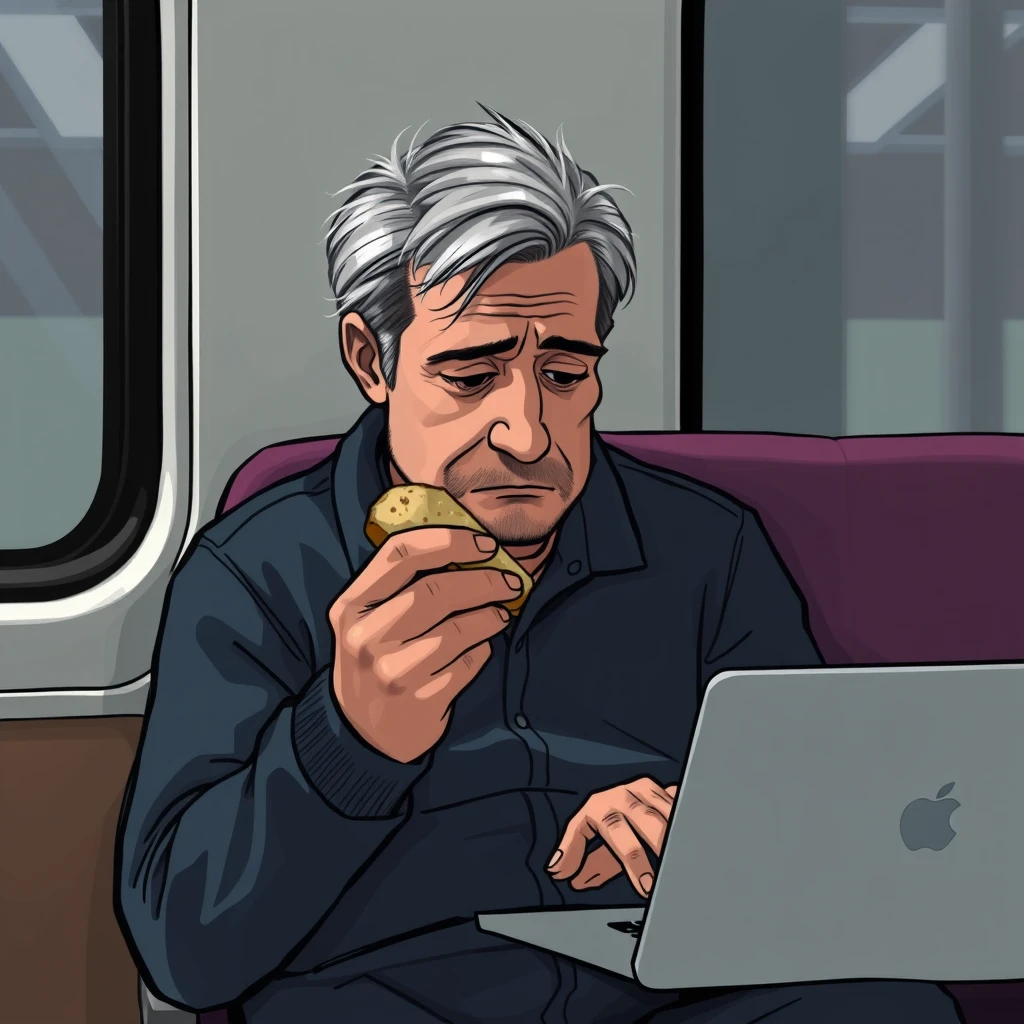 A sad programmer sits on the train, eating bread with one hand while staring at a laptop with the other, his hair thinning and slightly graying. - Image