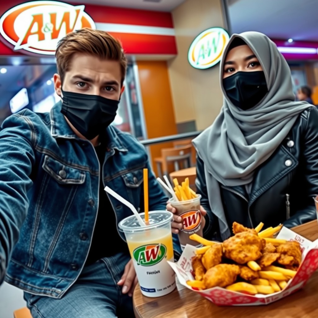 Jamie Dornan's head and body shot, handsome, young, black face mask, blue jeans jacket, jeans, dating a beautiful Muslim girl in a grey hijab with beautiful eyes, black face mask, black leather jacket, biggest floral skirt, at an A&W fast food restaurant, with a plate of Korean fried chicken and fries, a soft drink from A&W, photorealistic, hyper-realistic, street photography, selfie.