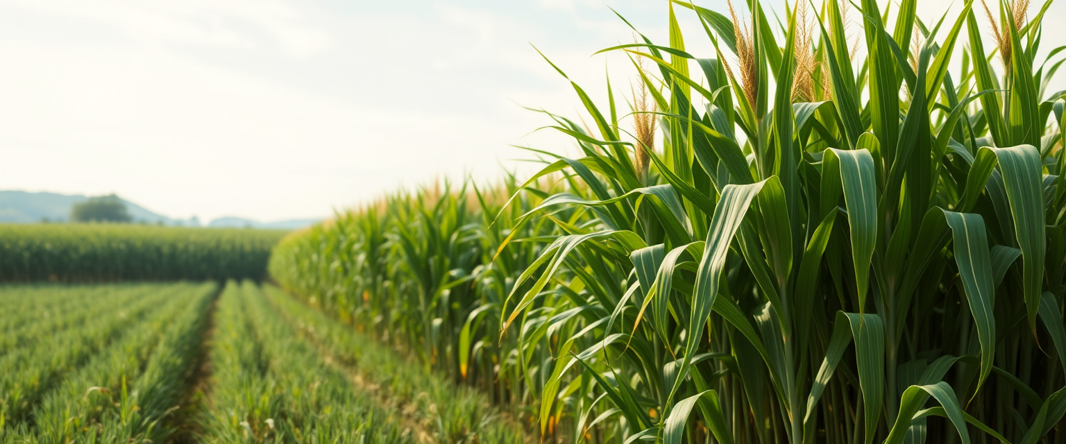 'Realistic image of a corn landscape, pleasant green tones' - Image