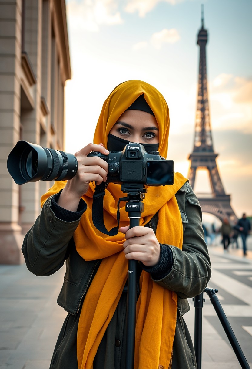 Biggest hijab yellow Muslim girl, beautiful eyes, black face mask, army leather jacket, biggest skirt, Canon DSLR camera, tripod, taking photos of the Eiffel Tower, sunrise, morning scenery, hyper realistic, street photography.