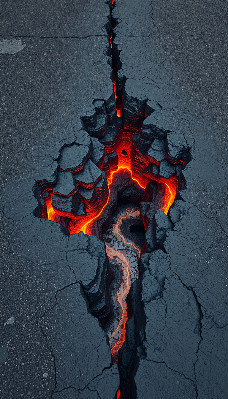 anamorphosis, 3d painting on asphalt, large deep fault with [boiling lava], maximum detail, clarity, 8k - Image