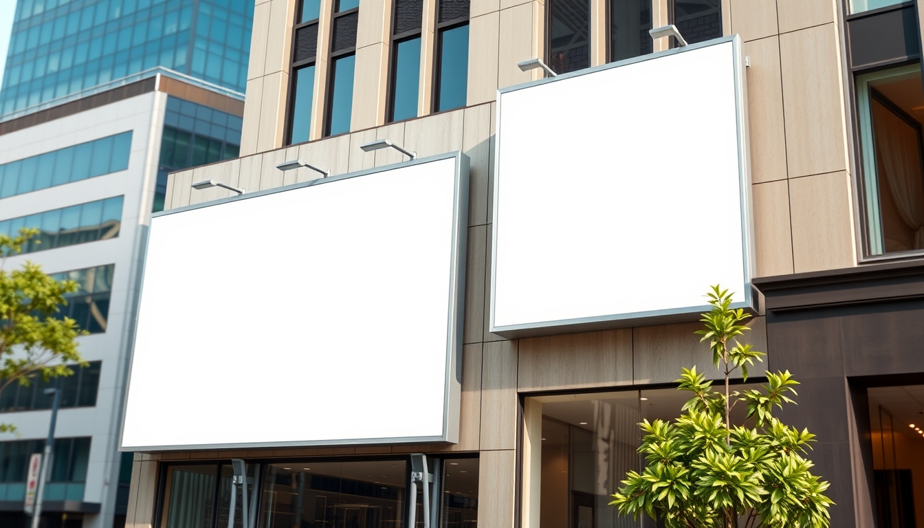 Conceptual mockup displaying two unmarked billboards on a building facade in an urban area, emphasizing the scope for advertising.