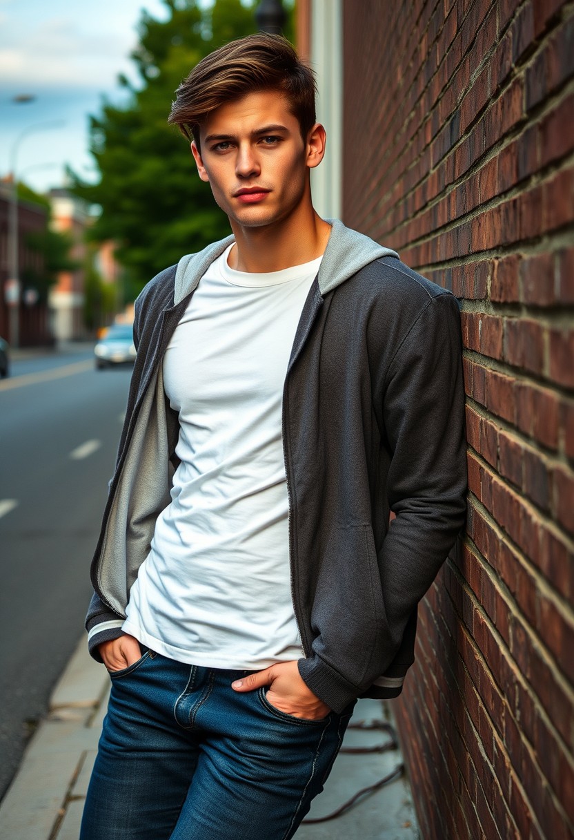 Jamie Dornan head and body shot, handsome, young, serious face, dark brown hair, white t-shirt, college jacket, skinny jeans, sneakers, standing in a hot style, biting lips near town road, leaning against a wall, hyper-realistic, street photography, brick wall, full body photo.