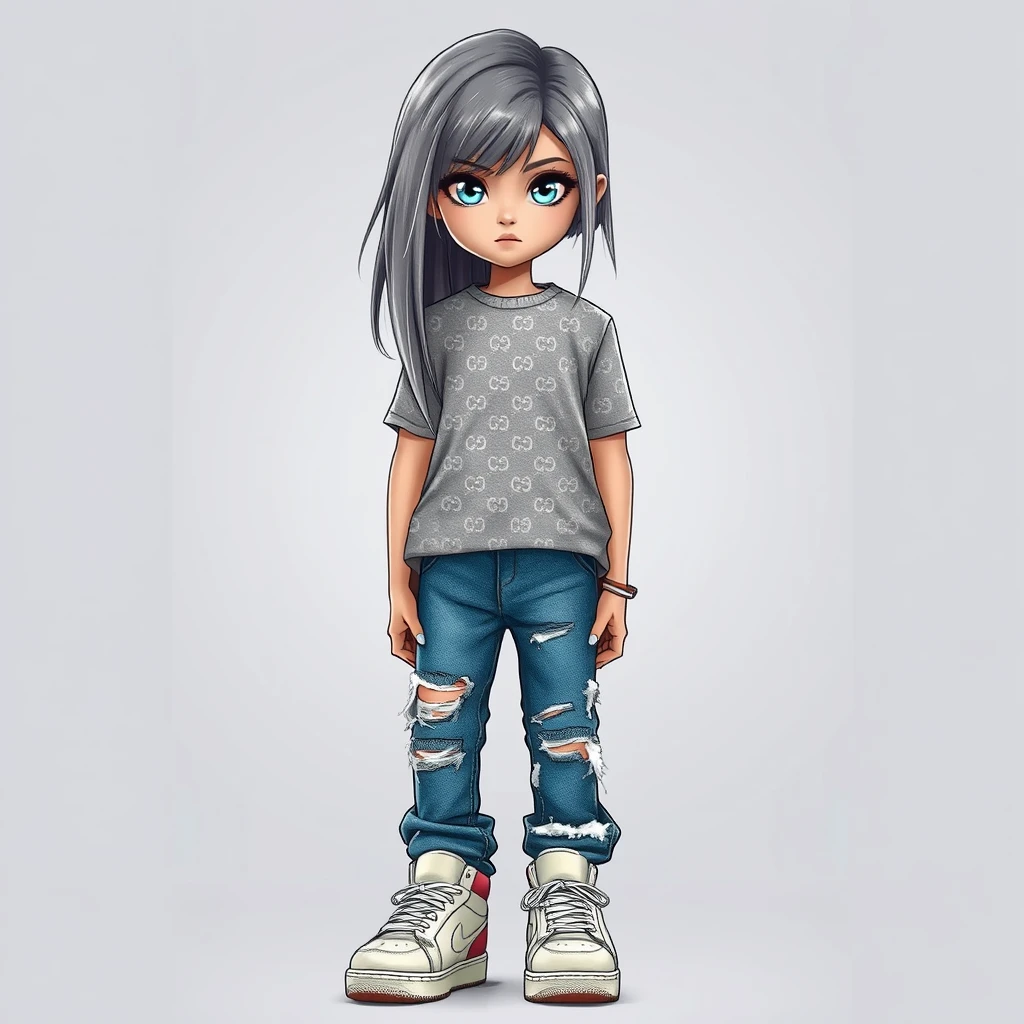 A girl in a snow-textured t-shirt, torn jeans, and Gucci sneakers. Appearance: cool gray hair and large blue eyes, an arrogant look. - Image