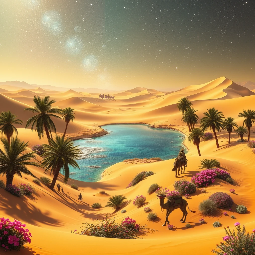 Envision a mystical desert oasis surrounded by golden sand dunes, where an iridescent lake reflects the stars above. Palm trees sway gently in the warm breeze, and vibrant flowers bloom in unexpected colors. In the distance, a caravan of travelers rides on the backs of majestic sand creatures, while shimmering mirages create illusions of distant cities. The atmosphere is enchanting, filled with the promise of adventure and the allure of the unknown. - Image