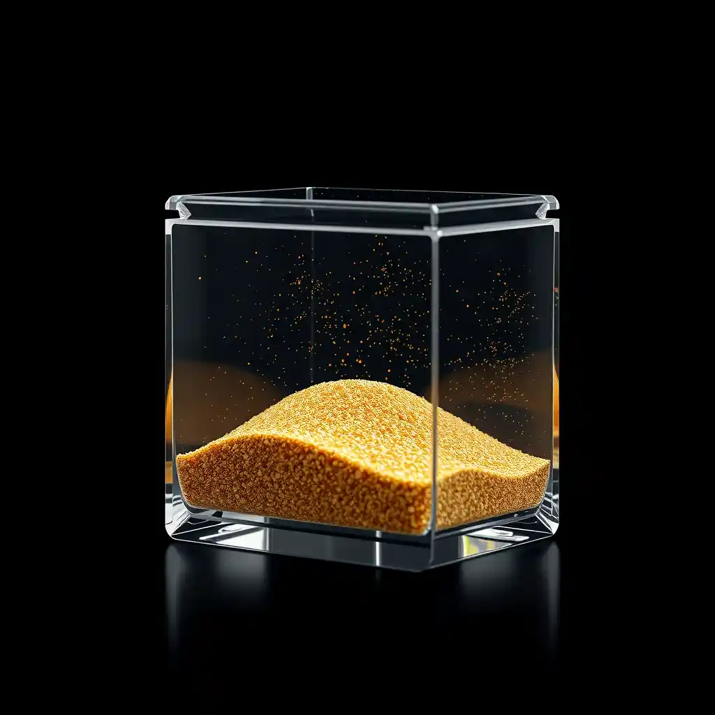 golden sand particles. Transparent glass cube, golden sand particles inside. Glass cube contains a mini desert inside, made of tiny golden sand particles. Black background color, shiny cube. Futuristic art style. - Image