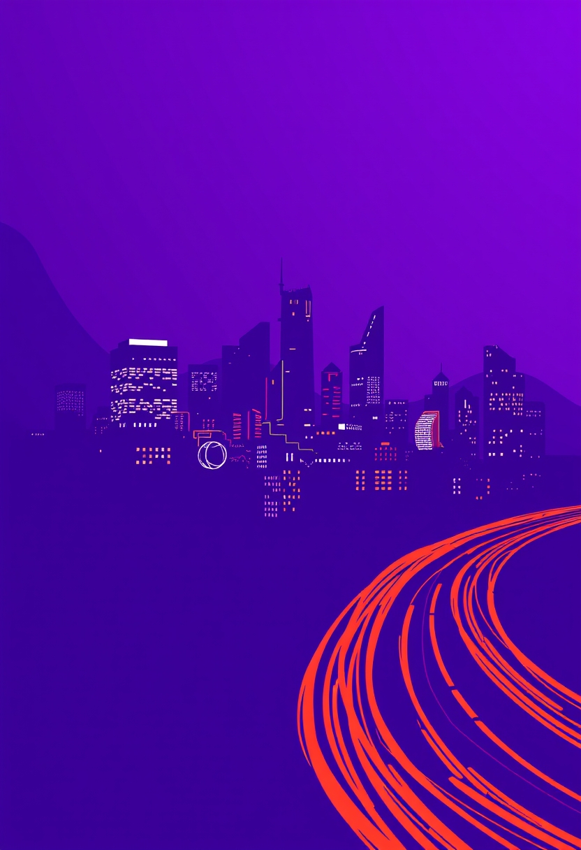 a city with a purple background and orange lines - Image