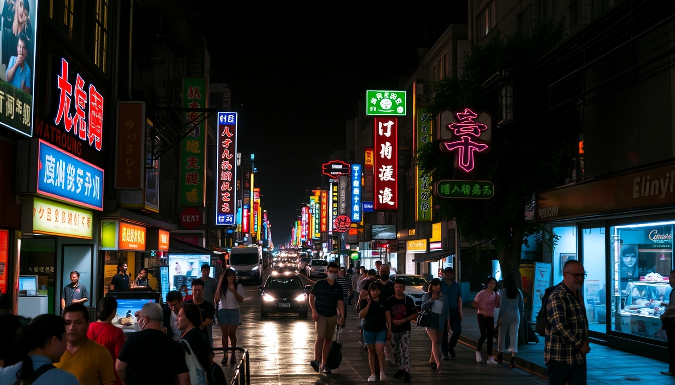 A vibrant street scene at night, with neon signs, bustling crowds, and the glow of city lights reflecting on wet pavement. - Image