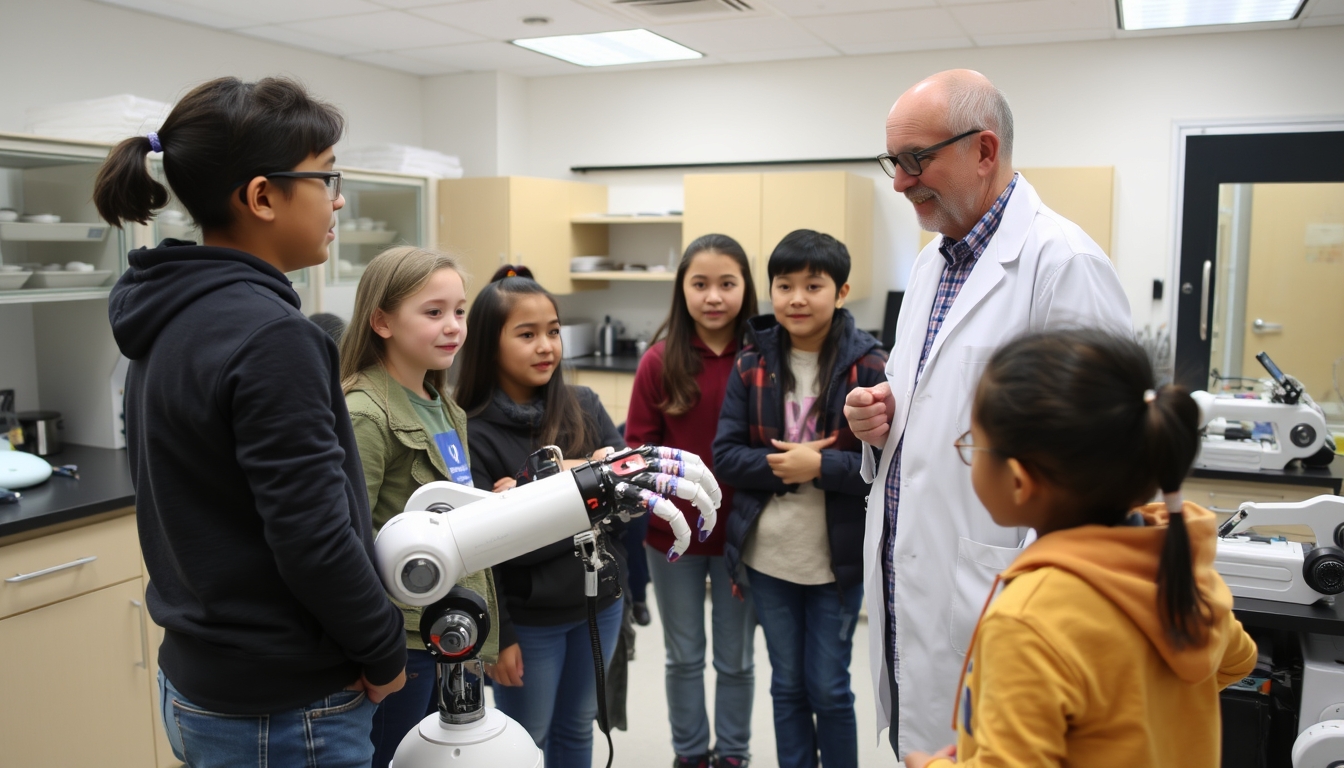 Field trip to a real robotics laboratory, encouraging children in a career in robotics. A real scientist talking with young students, showing them a robotic arm.