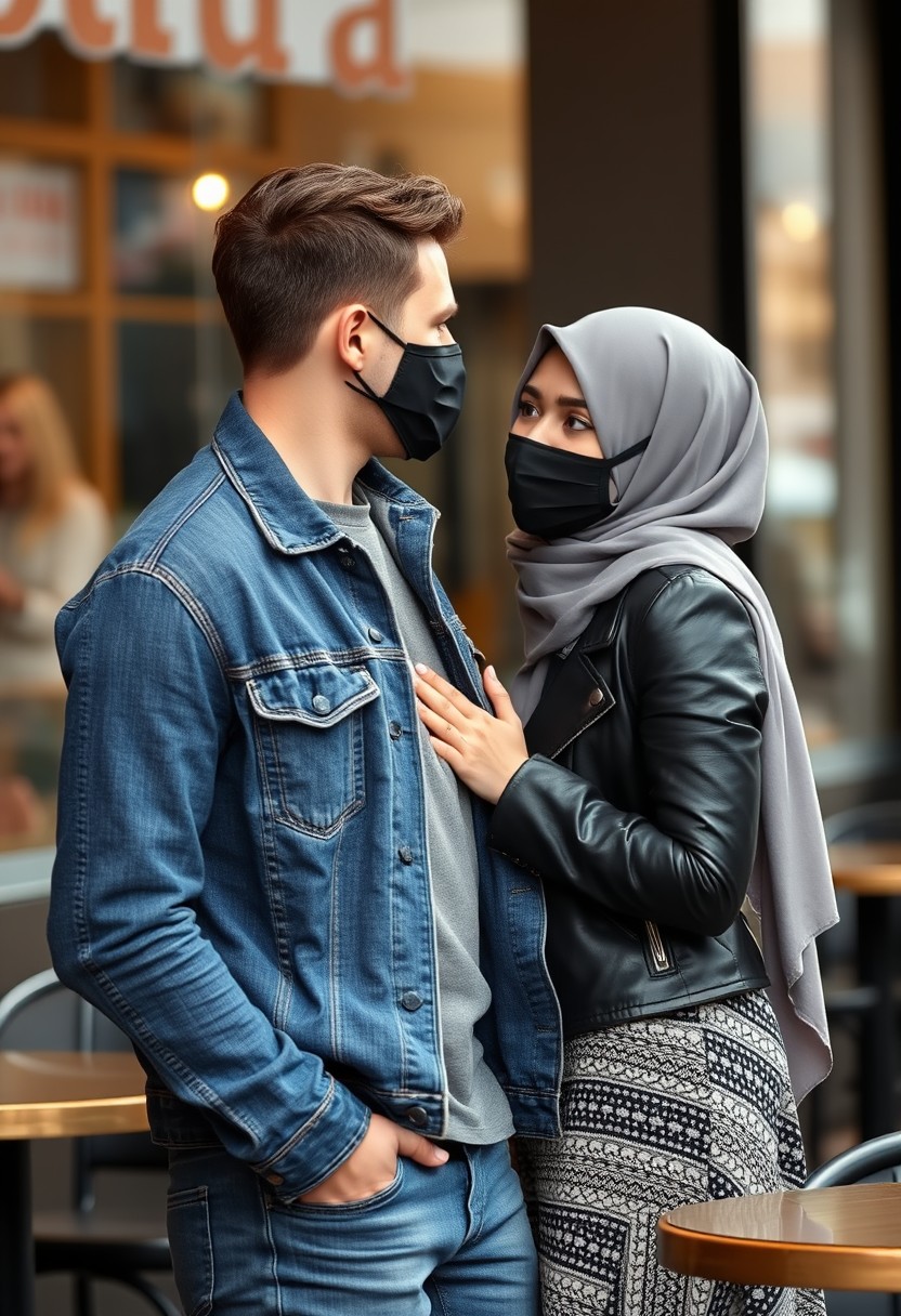 Jamie Dornan's head and body shot, handsome, black face mask, blue jeans jacket, jeans, dating, love couple with the biggest grey hijab Muslim girl, beautiful eyes, black face mask, black leather jacket, biggest patterned skirt, talking at a cafe, photorealistic.