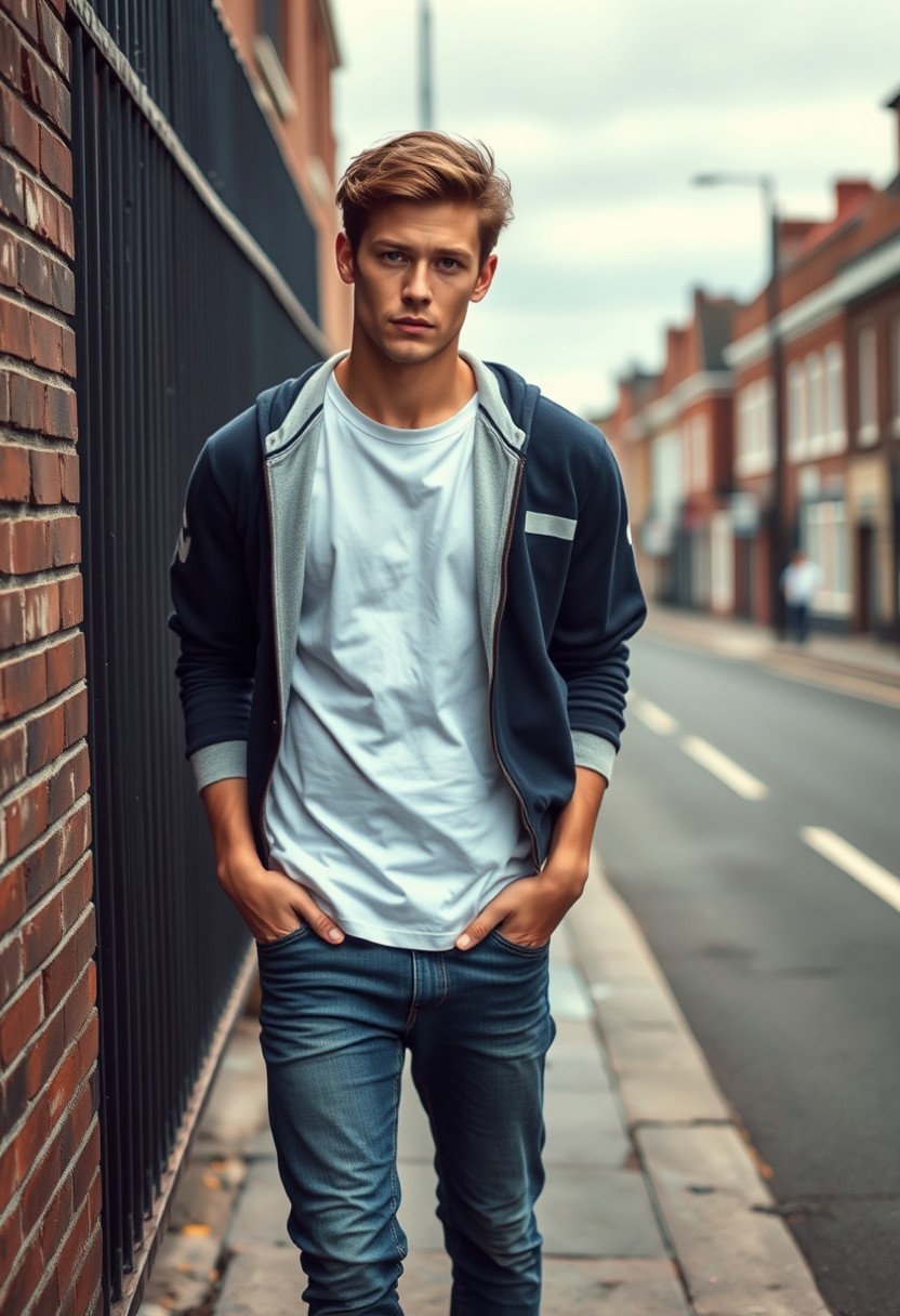 Jamie Dornan head and body shot, handsome, young, serious face, dark brown hair, white T-shirt, college jacket, skinny jeans, sneakers, standing hot style, flirting face, touching lips, near town road, hyper realistic, street photography, brick wall, full body photo.