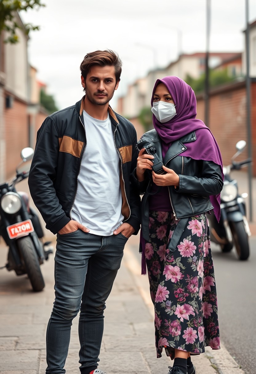 Jamie Dornan and Freddie Prinze head and body shot, handsome, young, serious face, dark brown-haired, white T-shirt, collage jacket, skinny jeans, sneakers, standing, talking to each other with a not tall purple hijab Muslim girl, beautiful eyes, face mask, black leather jacket, biggest floral skirt, holding a DSLR Canon camera, near town road, superbike, hyper-realistic, street photography, brick wall, full body photo.