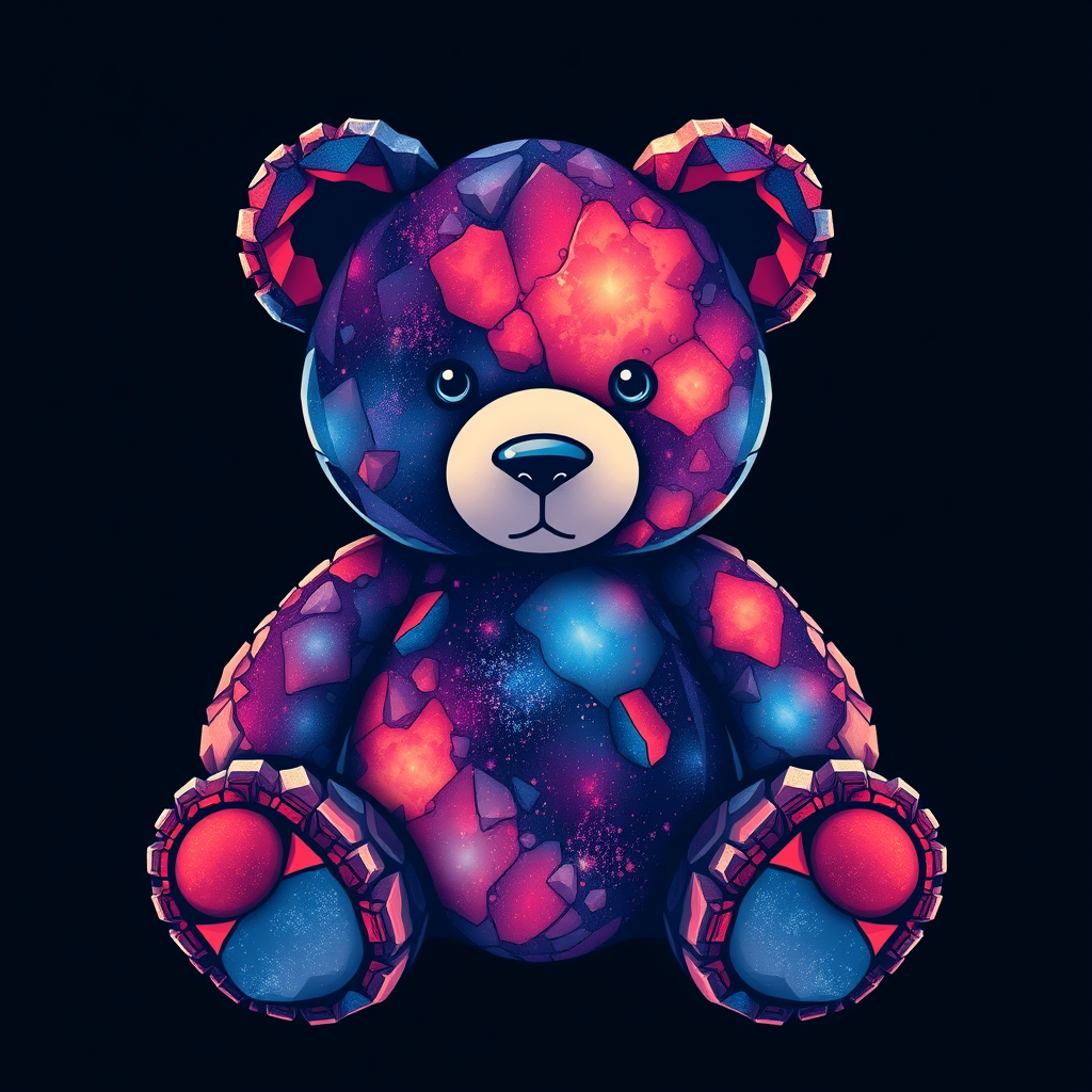 A tee shirt design of a teddy bear whose entire body, ears, and head are perfectly made of a beautiful jagged mineral that looks reminiscent of the universe. Striking and beautiful, with deep blues and purples contrasting with vibrant reds and orange.