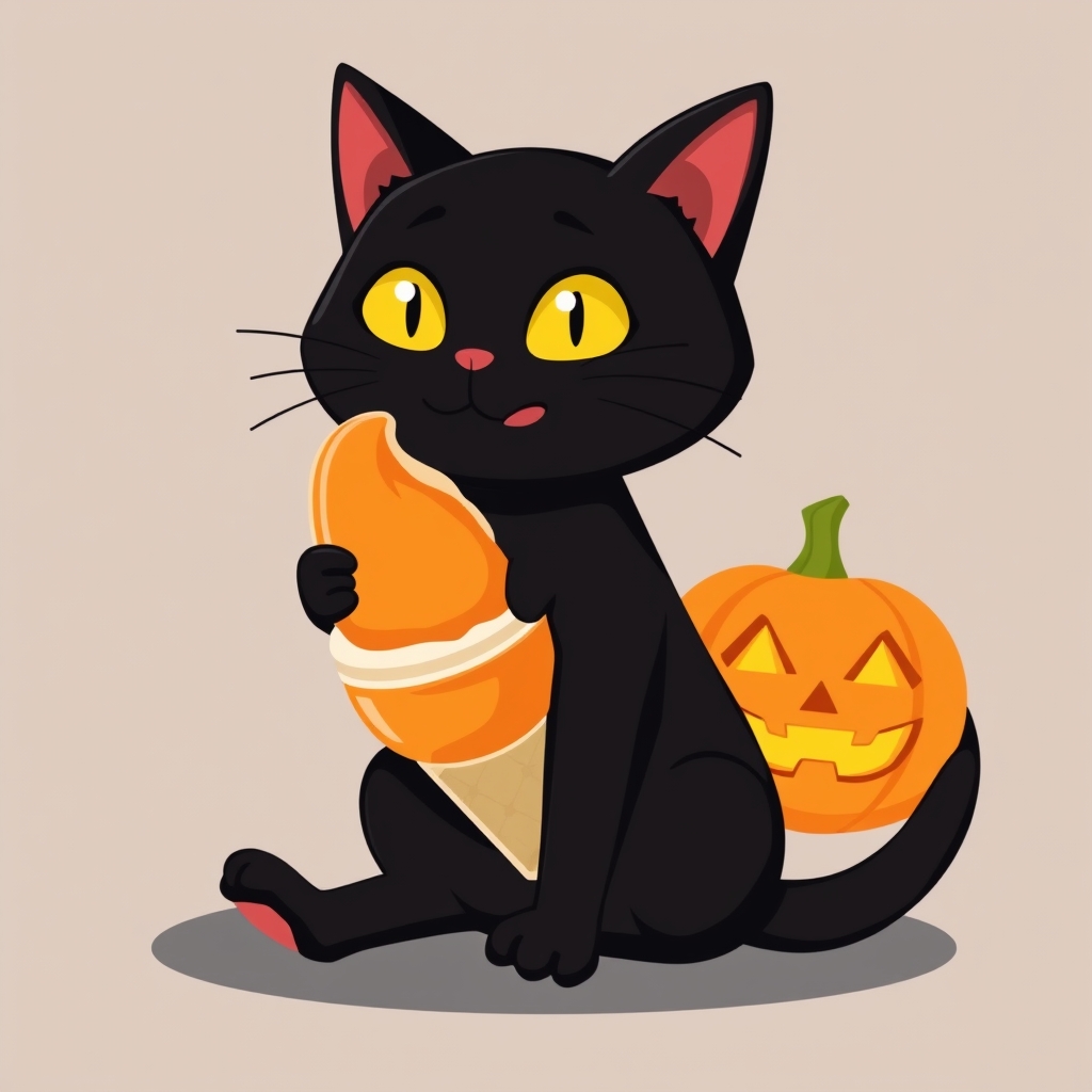 Black cat and pumpkin ice cream, Halloween vibe, flat design illustration. - Image