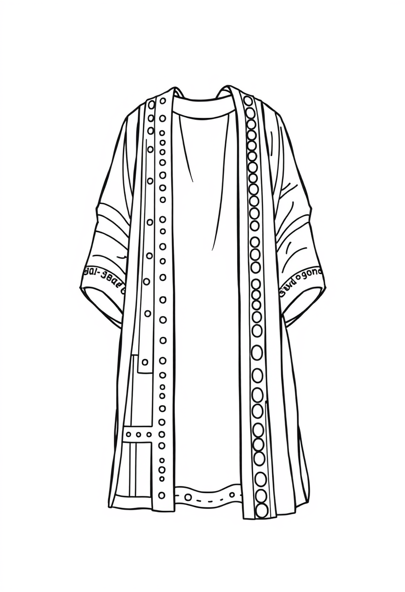 Coloring book page. Detailed outline drawing of Joseph's coat of many colors: A long, flowing robe with distinct panels. Each panel should have a different pattern (stripes, dots, waves, etc.) to represent various colors. The coat should be empty as if on display. Line art vector style, white background, black and white drawing, sharp black lines. - Image