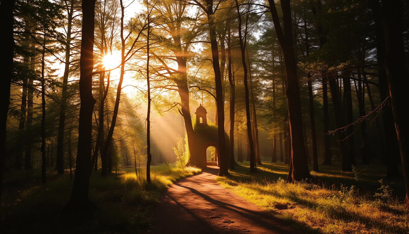 A serene forest bathed in golden sunlight, with a path leading to a hidden, mystical sanctuary.