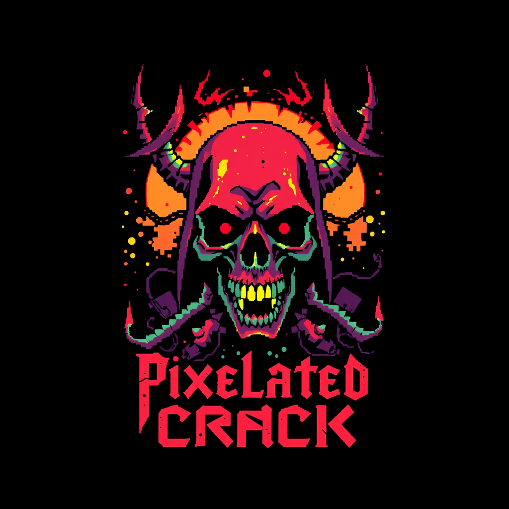 T-shirt design featuring a blocky, colorful 8-bit style of a death metal band blended with chiptune. The visual should be unique and striking, yet macabre mixed with beauty, and the band name is "Pixelated Crack."