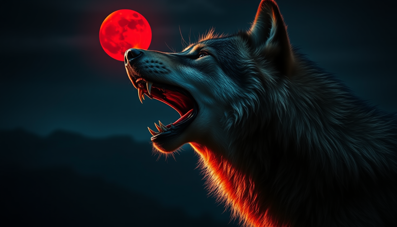 A horror style ultra-realistic photograph of a wild mountain wolf with sharp teeth howling at the bloody red moon, side view.