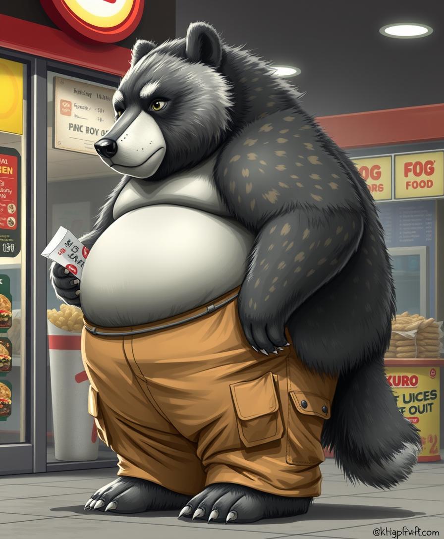 quarter view, anthropomorphic obese gray bear-wolf hybrid, blended features. gray and black fur with tan and white fur markings. he has a heavyset body. wide fat bottom. fat wide double chins. tan obese big fat baggy cargo pants. obese double belly overflowing. wide waist. thick tail. huge ass. full body. uncropped. fluffy fur. ordering food from a fast food restaurant. digital art, semi-realistic. - Image