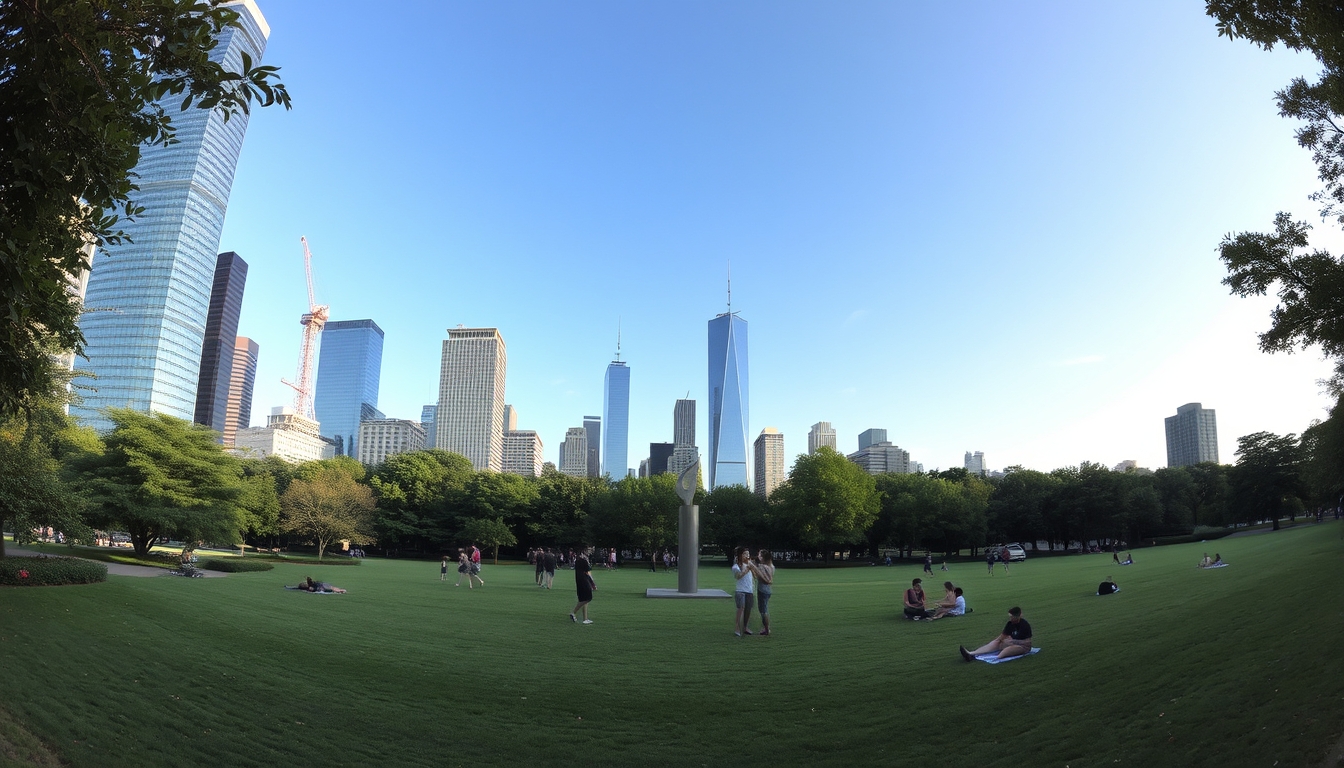 A wide-angle view of a city park with lush greenery, modern sculptures, and people relaxing on the grass, surrounded by skyscrapers. - Image