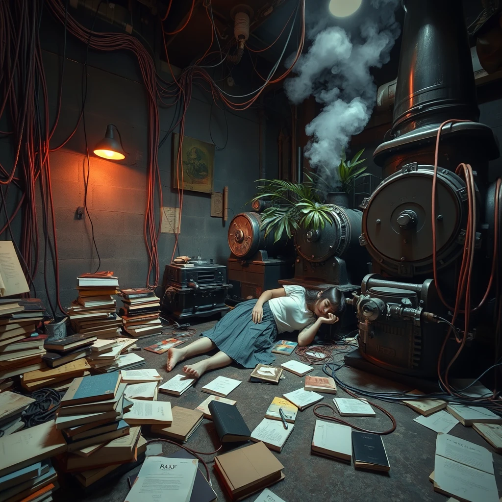 A real-life photograph, wide shot, of a Japanese female student in a skirt sleeping in the corner of a room. The room has some books scattered messily, and many wires of varying thicknesses are on the floor and in the air, including red, blue, yellow, and other colors. Additionally, there are some huge old machines emitting steam and fire. At night, the lighting is dim, and there are some huge plants. - Image