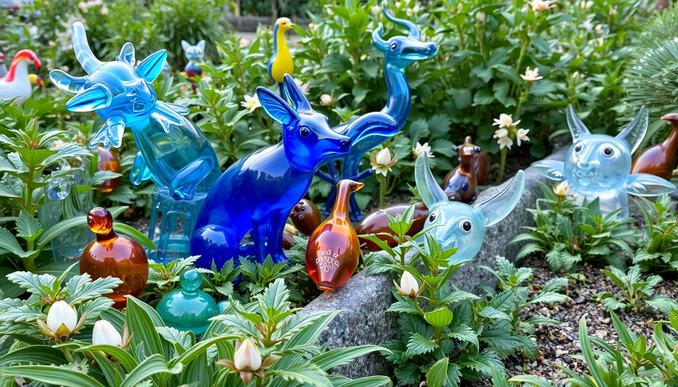 A serene garden with glass sculptures of various animals hidden among the plants.