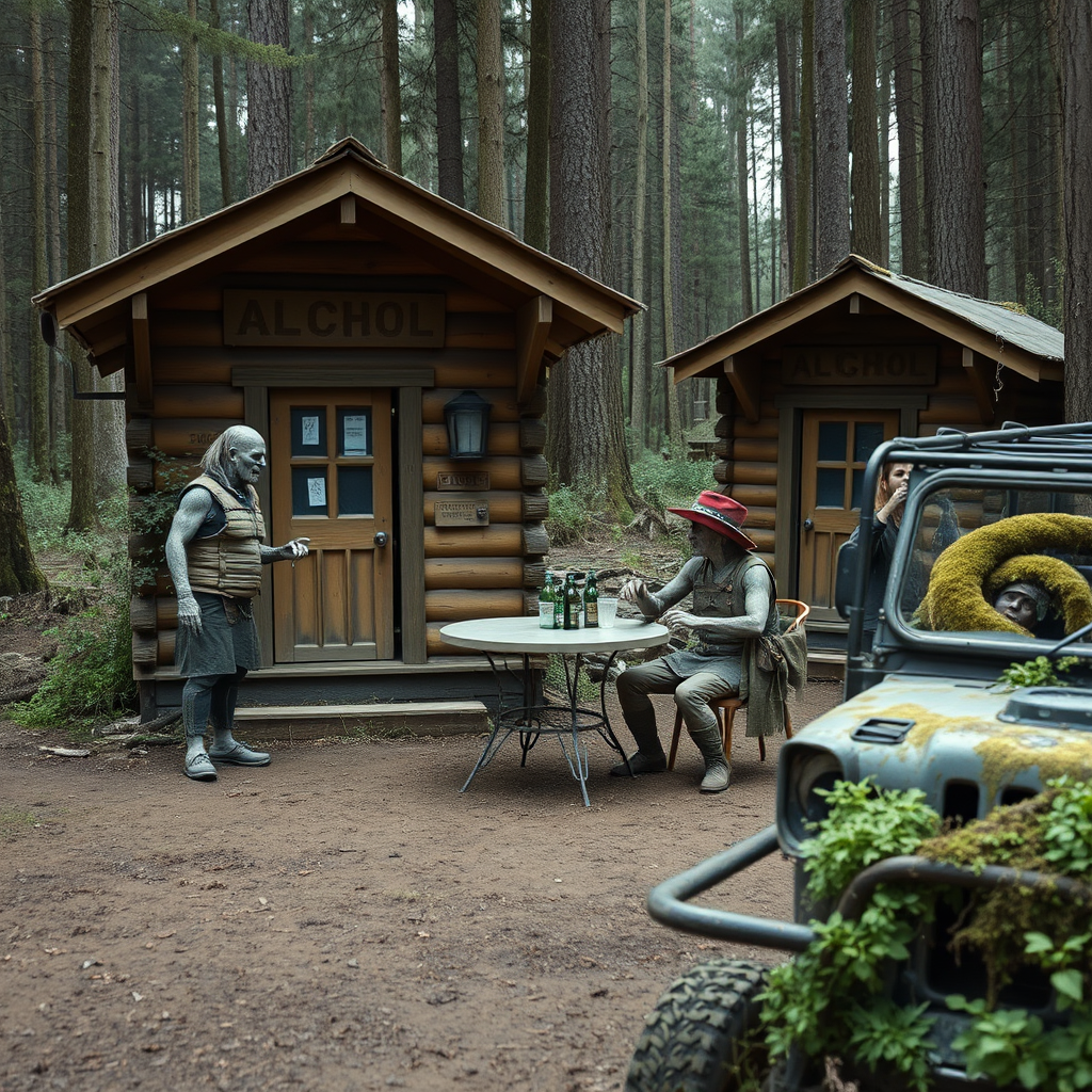 Real-life photography, wide shot: In the forest, there are two wooden cabins selling alcohol, and a dressed zombie comes to buy some. Next to the cabin, there are one table and two chairs, with a zombie wearing a hat sitting and drinking. A female barbarian is selling the alcohol. There is also an abandoned off-road vehicle nearby, covered in moss and weeds.