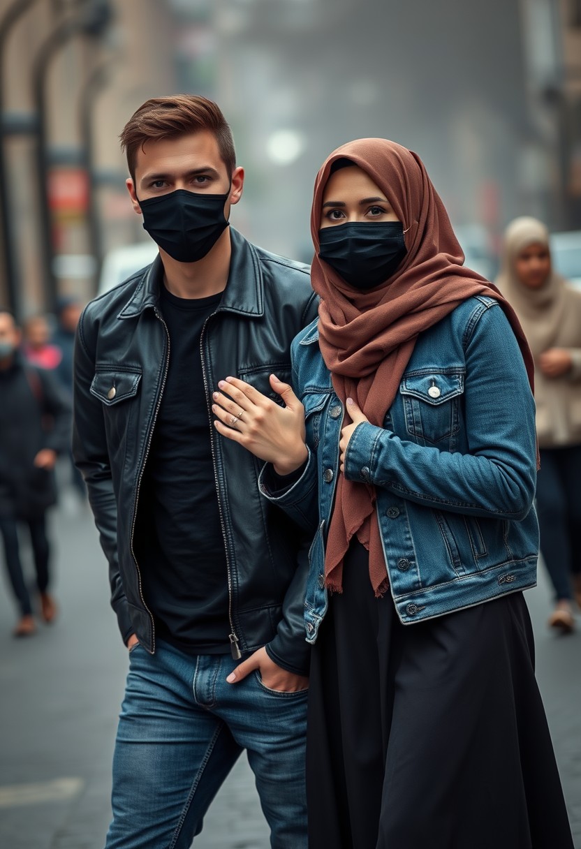 Jamie Dornan, handsome, black face mask, black leather jacket, jeans, dating, love couple with the biggest hijab Muslim girl, beautiful eyes, black face mask, jean jacket, biggest skirt, wedding rings, gloomy scenery, realistic, street photography.