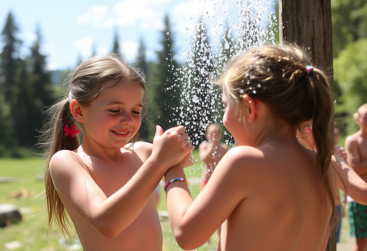 A girl at summer camp mischievously helps her best friend get ready for a post-practice shower.