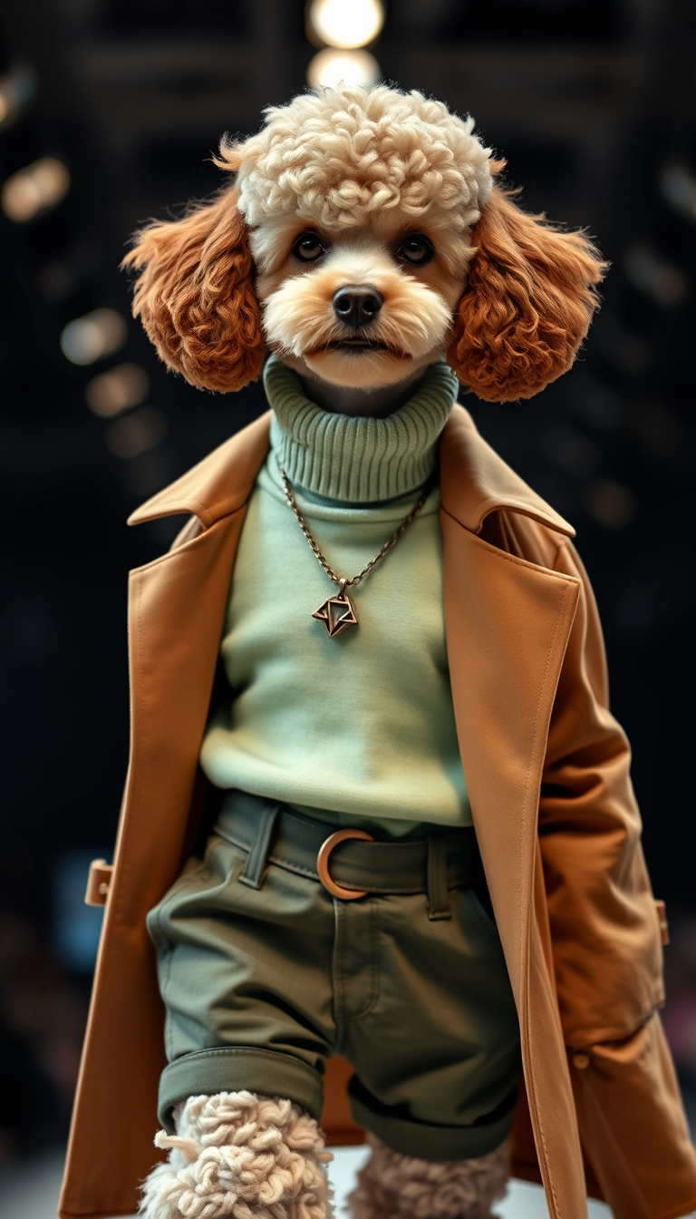 A poodle in a stylish outfit. The poodle is wearing a light green turtleneck sweater with a pair of dark green shorts and a brown trench coat. It is wearing a necklace with a triangle pendant around its neck, making its overall outfit very stylish and elegant. There are some fuzzy lighting accents in the background, creating a high-class atmosphere, as if the poodle is walking down the runway.