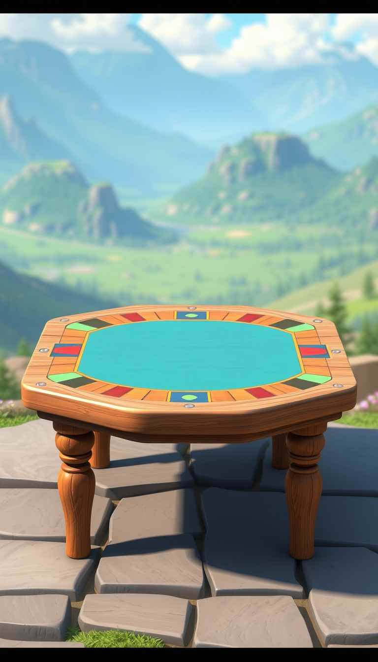 The image presents a 3D rendering of a table. The game table, made of wood, is the central focus of the image. It is a square table with legs, a wooden top which has a multicolor border and the middle part is aqua blue. The background is a beautiful valley, the overall mood is playful, suitable for digital game art. - Image