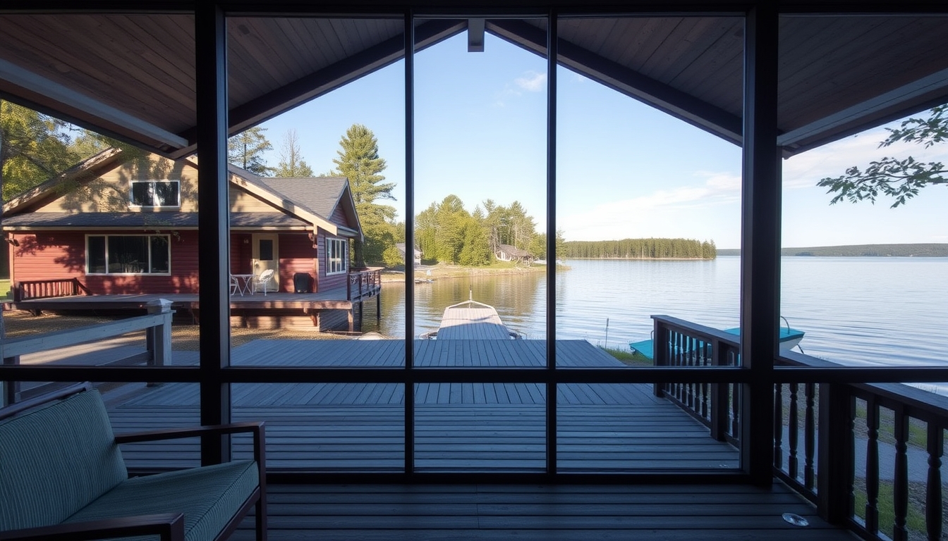 A serene lakeside cabin with a glass front, offering an unobstructed view of the water. - Image