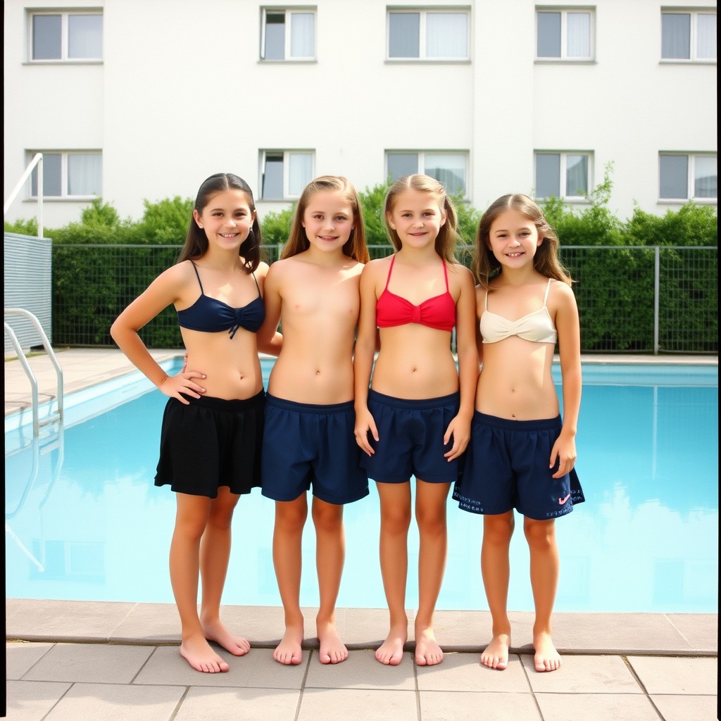 "Create a photo: Four German girls from the 6th grade stand in front of a pool without swimwear."