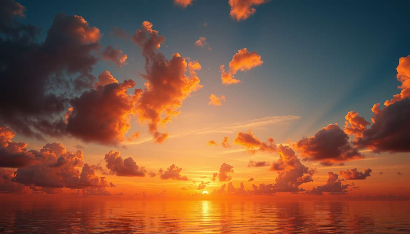 fiery sunset, clouds, high quality, photorealistic, evening sky, reflection, serene, seashells